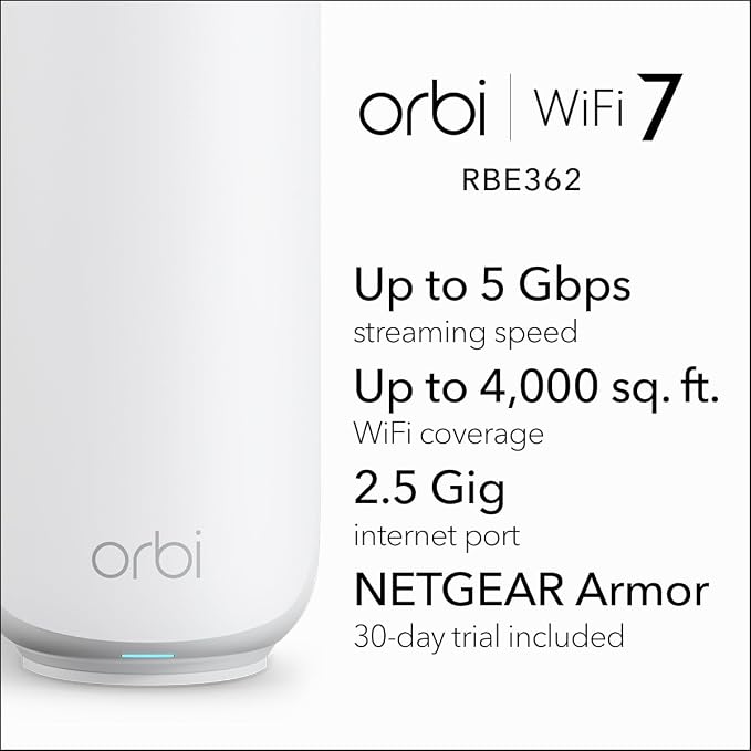 NETGEAR Orbi 360 Series Dual-Band WiFi 7 Mesh Network System for Home (RBE362) – Wireless Router (no Modem) + 1 Extender, 5 Gbps, Covers 4,000 sq.ft., 70 Devices, 2.5GB Internet Port, BE5000