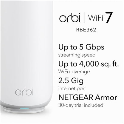 NETGEAR Orbi 360 Series Dual-Band WiFi 7 Mesh Network System for Home (RBE362) – Wireless Router (no Modem) + 1 Extender, 5 Gbps, Covers 4,000 sq.ft., 70 Devices, 2.5GB Internet Port, BE5000