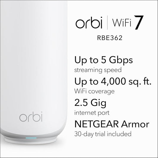 NETGEAR Orbi 360 Series Dual-Band WiFi 7 Mesh Network System for Home (RBE362) – Wireless Router (no Modem) + 1 Extender, 5 Gbps, Covers 4,000 sq.ft., 70 Devices, 2.5GB Internet Port, BE5000