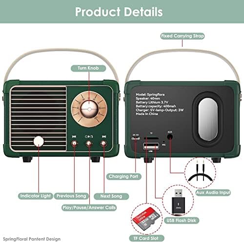Retro Bluetooth Speaker, Small Bluetooth Speaker Wireless for Indoor Outdoor, Vintage Home Office Decor, Perfect for Party Desk Kitchen Hiking Beach Travel, Gift Ideas Green