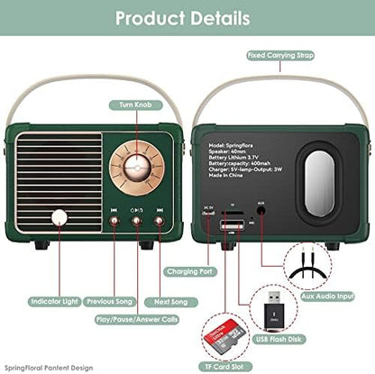 Retro Bluetooth Speaker, Small Bluetooth Speaker Wireless for Indoor Outdoor, Vintage Home Office Decor, Perfect for Party Desk Kitchen Hiking Beach Travel, Gift Ideas Green