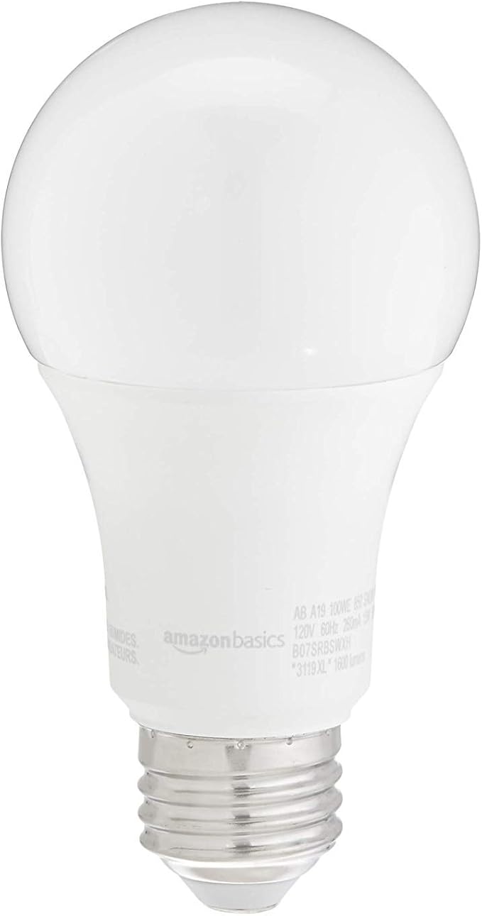 Amazon Basics A19 LED Light Bulbs, 100W Equivalent, Daylight White 5000K, Energy Efficient 15W, Non-Dimmable, 10,000 Hour Lifetime, 2-Pack