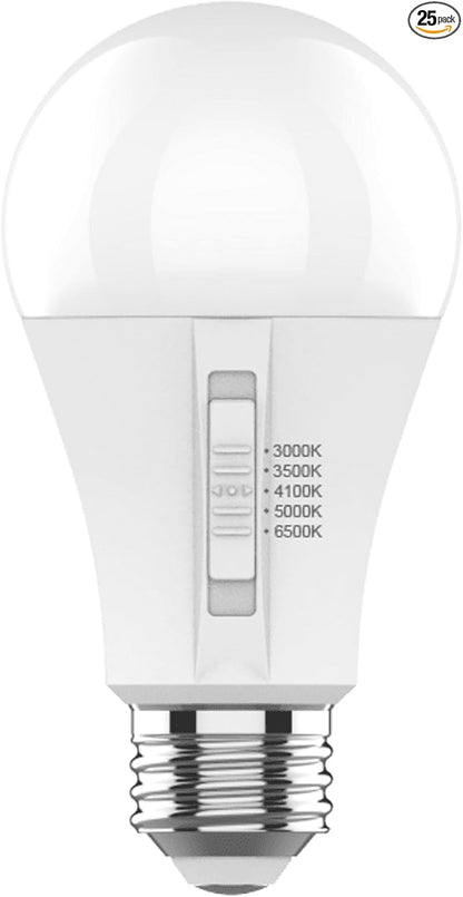 Goodlite A19 LED Bulb, 5 Color Selectable 3000K-3500K-4100K-5000K-6500K, 1100 Lumens, 12W (75W Equivalent), High CRI, 5% Dimmable, UL Listed, Enclosed Fixtures & Damp Rated, 15,000 Hrs. 25pk (G-10882)