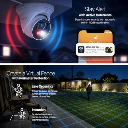 AMLINK 4K POE Camera, 8MP Outdoor Turret Security IP Camera, 100ft Color Nightvision, AI Human/Vehicle Detect, Built-in Mic Speaker, MicroSD Recording (256GB), 105° FOV, 4K@20FPS AL8M-T8198EW