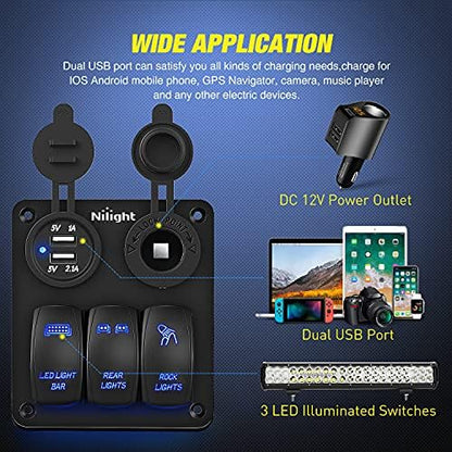 Nilight 3 Gang Rocker Switch Panel 5PIN On Off Laser Pattern Toggle | SPST 12V/20A 24V/10A Dual USB Charger Cigarette Lighter Socket Pre-Wired for LED Light Bar Rear Rock Lights RV Boats 4X4 Blue