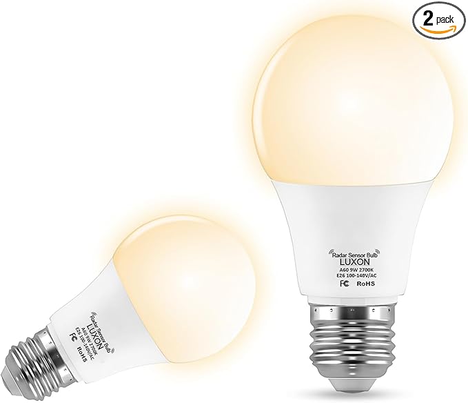 LUXON Motion Sensor Light Bulb,9W Smart Bulb Radar Dusk to Dawn LED Light Bulbs,E26 Base Indoor Sensor Night Lights Soft White 2700K Outdoor Motion Sensor Bulb Auto On/Off 2 Pack