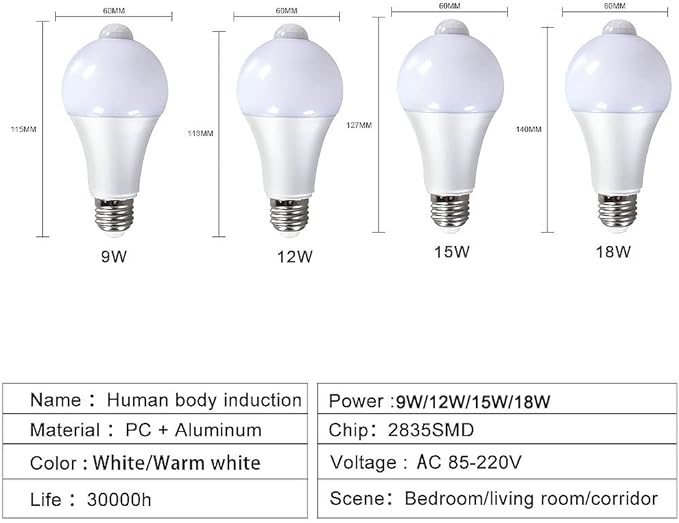 Fengyan Home Bulbs 10PCS AC85-220V 9W 12W15W LED PIR Motion Sensor Light Bulb E27 Smart Bulb Detector Sensor Lamp for Home Porch Yard Garage Lighting Household Lamp ( Color : 10pcs 15W , Size : Onecol