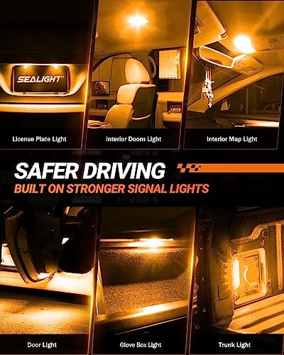 SEALIGHT 194 LED Bulb 2700K Amber, License Plate Light, Dome Light, T10 168 2825 W5W 3030 Bright Chips Wedge for Replacement Light Bulb, Map Trunk Door Courtesy Dash LED Light Bulb,Pack of 2