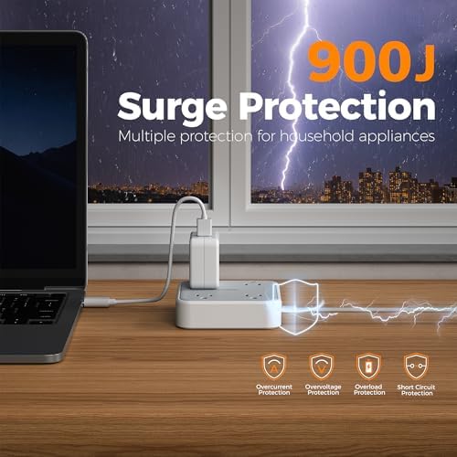 TESSAN Surge Protector Flat Extension Cord 10Ft, Flat Plug Power Strip
