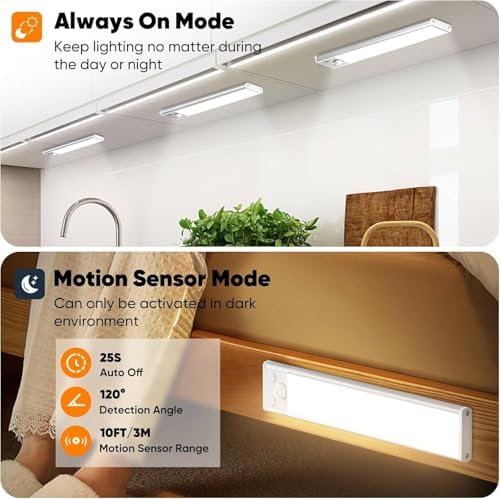 Under Cabinet Lights, 2500mAh 12 Inch Motion Sensor Rechargeable Battery Operated Wireless Under Counter Lights Indoor, Magnetic 108-LED Dimmable Closet Lights for Kitchen with 3 Color Temps 5-Pack