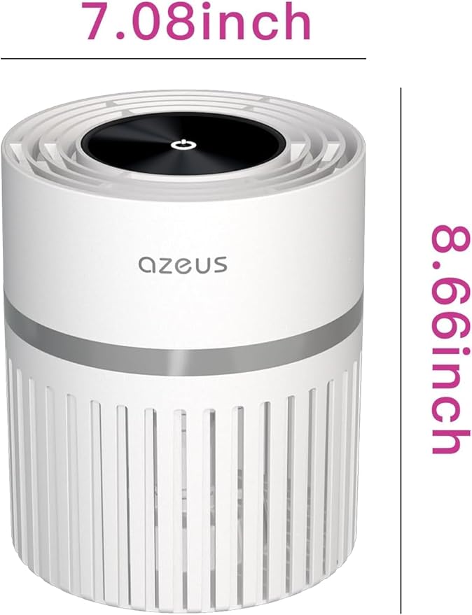 AZEUS Air Purifier for Home, HEPA Filter Captures 99.97% Dust & Smoke, 3-Stage Filtration System, Helps promote better sleep, Portable, White