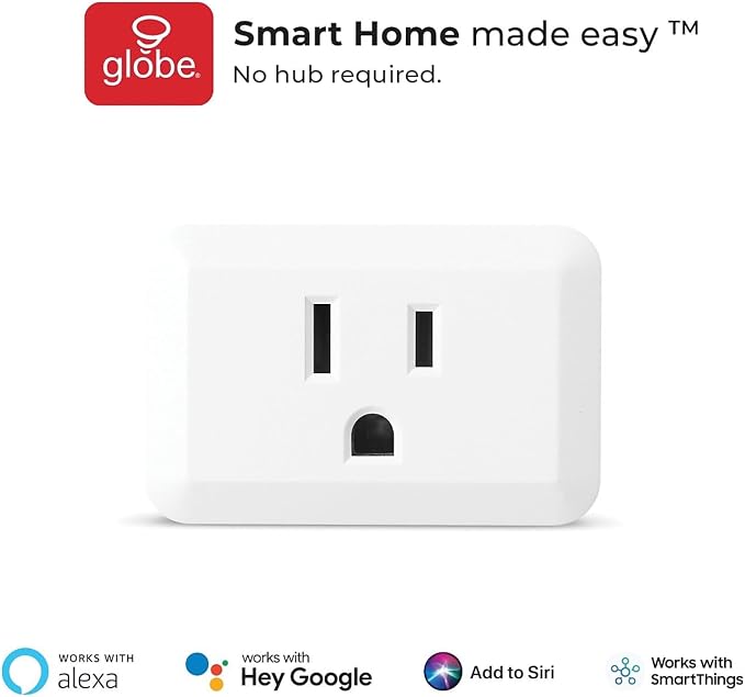 Globe Electric 50329-U Wi-Fi Smart Plug Mini, No Hub Required, 1 Grounded Outlet, White (1-Pack, 15A), Home Automation, Outlet Extender, Electronics, Smart Home, Works with Alexa, Google Home, Echo