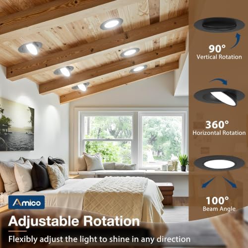 Amico 4 Pack 6 Inch Black 5CCT Gimbal LED Recessed Ceiling Light