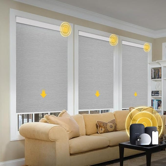 Motorized Blinds with Remote, Grasscloth Fabric Smart Blinds with Valance Cover, Cordless Automatic Roller Shades, Blackout Electric Blinds for Windows,Gray 44" W x 72" H