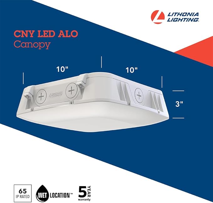Lithonia Lighting 10" Square Canopy LED Outdoor Ceiling Light, Dusk-to-Dawn Photocell and Motion Sensor Outdoor Lights, Adjustable Brightness and Switchable Color Temperature, Wet Rated, White