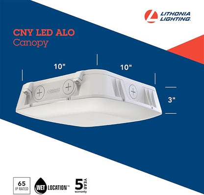Lithonia Lighting 10" Square Canopy LED Outdoor Ceiling Light, Dusk-to-Dawn Photocell and Motion Sensor Outdoor Lights, Adjustable Brightness and Switchable Color Temperature, Wet Rated, White