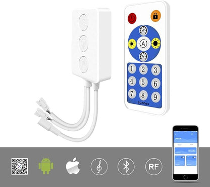 BTF-LIGHTING WS2812B WS2811 1903 Built-in Mic Music SP601E Bluetooth Controller with Dual Signal Output Ports for LED Module Pixel Strip Light Andriod iOS APP /3 Keys Button/RF Remote Control