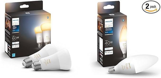 Philips Hue Smart 60W A19 LED Bulb - White Ambiance Warm-to-Cool White Light - 2 Pack - 800LM & Smart 40W B39 Candle-Shaped LED Bulb - White Ambiance Warm-to-Cool White Light