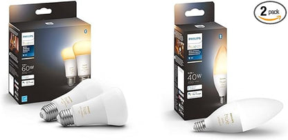 Philips Hue Smart 60W A19 LED Bulb - White Ambiance Warm-to-Cool White Light - 2 Pack - 800LM & Smart 40W B39 Candle-Shaped LED Bulb - White Ambiance Warm-to-Cool White Light