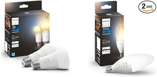 Philips Hue Smart 60W A19 LED Bulb - White Ambiance Warm-to-Cool White Light - 2 Pack - 800LM & Smart 40W B39 Candle-Shaped LED Bulb - White Ambiance Warm-to-Cool White Light