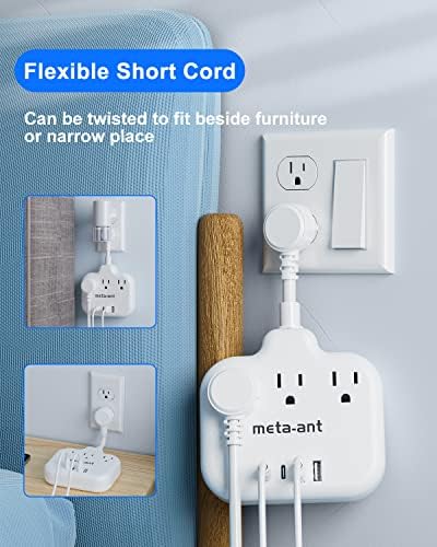 Short Extension Cord 3 Inch, Flat Plug Small Power Strip with 3 AC & 4 USB(1 USB-C), 1875W/15A, Multi Plug Outlet Extender, Non-Surge Protection for Cruise Travel Dorm Kitchen, White