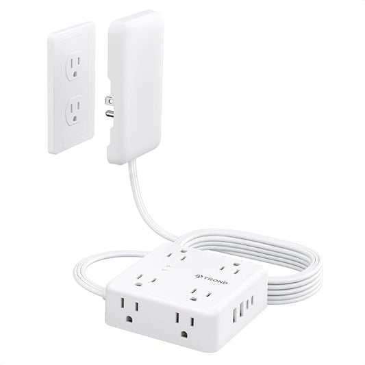 TROND Flat Power Strip with Outlet Cover, 10FT Long Extension Cord | 8 AC Outlets with 2 USB A & 2 USB C Ports, 1700J Surge Protector, Flat Wall Plug Compact for Home Office Dorm Room Essentials