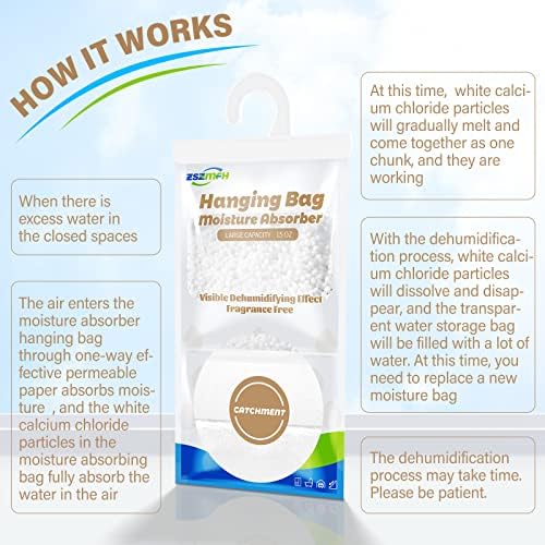 ZSZMFH 12 Pack Moisture Absorber Hanging Bags, Fragrance Free Humidity Packs, 15 OZ Dehumidifier Bags Effectively Trap Extra Moisture,Hanging Closet Dehumidifier Bags-425g/pack
