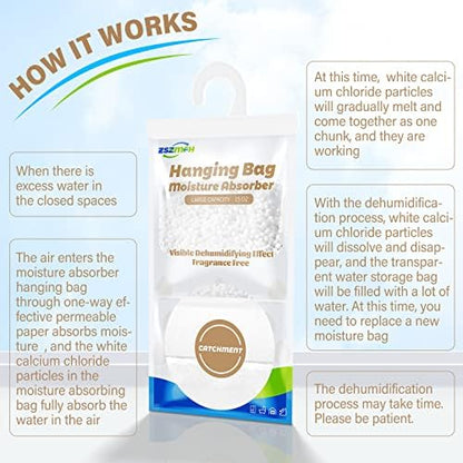 ZSZMFH 12 Pack Moisture Absorber Hanging Bags, Fragrance Free Humidity Packs, 15 OZ Dehumidifier Bags Effectively Trap Extra Moisture,Hanging Closet Dehumidifier Bags-425g/pack