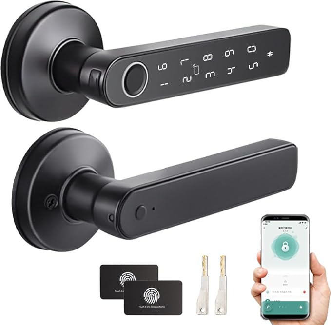 Smart Biometric Fingerprint Door Lock System,Tuya&Smartlife APP Bluetooth Digital Handle Lock,Keyless Entry Door Lock Home Security,for bedrooms,Families,Hotels,Offices,Apartments (Black)
