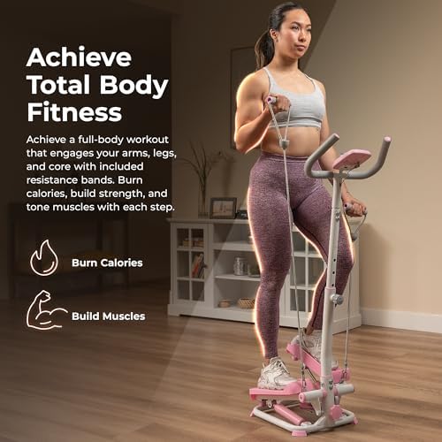 Sunny Health & Fitness Smart Stair Stepper w/Handlebar & Resistance Bands | 330 lb Capacity, Adjustable Handlebar & Step Height, Stair Climber, Device Holder, Hydraulic Resistance, SunnyFit App