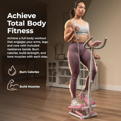 Sunny Health & Fitness Smart Stair Stepper w/Handlebar & Resistance Bands | 330 lb Capacity, Adjustable Handlebar & Step Height, Stair Climber, Device Holder, Hydraulic Resistance, SunnyFit App