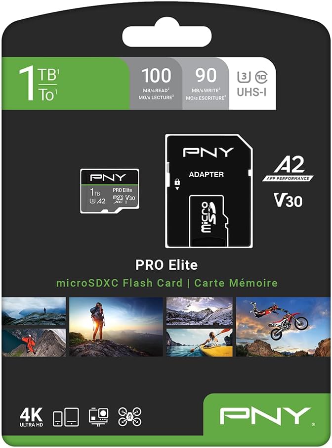 PNY 1TB PRO Elite Class 10 U3 V30 microSDXC Flash Memory Card - 100MB/s, Class 10, U3, V30, A2, 4K UHD, Full HD, UHS-I, Micro SD