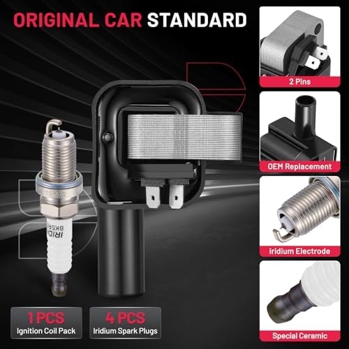 BDFHYK 1 Ignition Coil Pack UF731 and 4 Iridium Spark Plug 7090 Compatible with Nissan 2001-2004 Frontier, 1996-1999 Sentra l4 1.6L 2.4L Coil for UF731 C903 5C1661 CMIT227