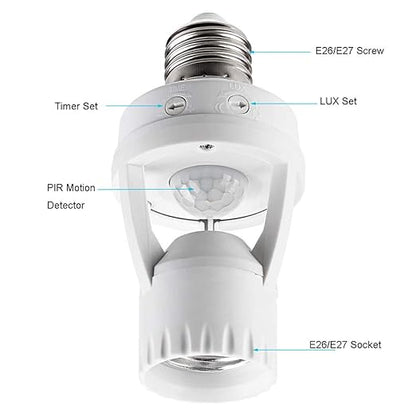 Motion Sensor Light Socket, PIR Motion E26 Screw Bulb Adapter, Adjustable Auto On/Off Night Light Control, Garage Light, for Basement, Pantry Room, Storage Room, Garage Light