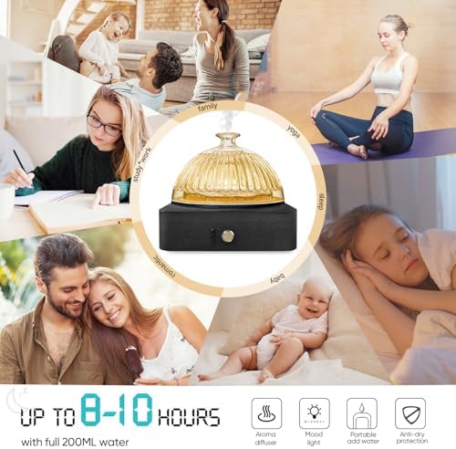 Glass Dome Essential Oil Diffuser with Glass Reservoir & Wood Base-Plastic Free, 200ml Ultrasonic Diffuser for Aromatherapy with Timer 7 Color Light Auto-Off for Home Office Yoga Dark Brown