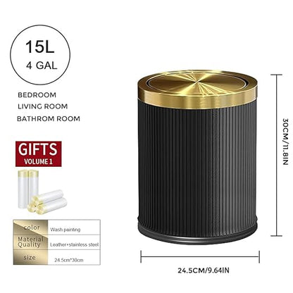 15L/4GAL Black Bathroom Trash can,Gold Bathroom Garbage can with lid，Small Trash Can with Flipping Lid, Garbage cans for Bedroom, Kitchen，Living Room.(15L-Black)