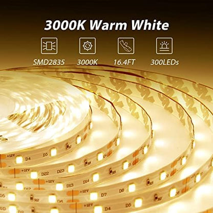 dalattin Warm White LED Strip Lights, 3000K Tunable Soft White Light Strip 16.4ft, Bright 300 LEDs, White Led Lights for Bedroom, Mirror, Kitchen Decoration
