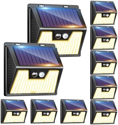 Peasur Solar Outdoor Lights [10 Pack], 3000K Warm Light Motion Sensor Outdoor Powered Security Lights 3 Working Modes Waterproof for Outside Garden Yard