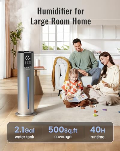 Lacidoll 8L Humidifiers for bedroom up to 500 sq ft, Easy to Clean Humidifier with Washable Parts, Ultrasonic Cool Mist Humidifier for Home Plants Baby Nursery Office, Dark Grey