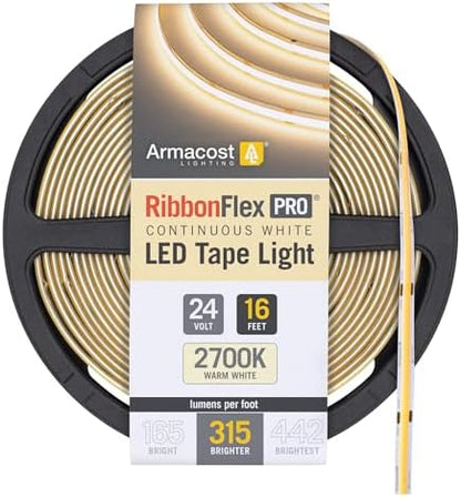 Armacost Lighting RibbonFlex Pro 24V White COB LED Strip Light Tape 2700K, 315 Lumens/Ft, 5M 172130