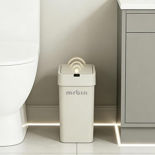 MRBIN Motion Sensor Bathroom Trash Can with Lid, 9L/2.4gal Automatic Plastic Slim Covered Electric Waste Basket, Narrow Rectangle Garbage Bin Under Desk for Small Office, Bedroom, Kitchen, Rv, Gray