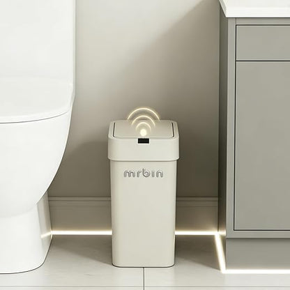 MRBIN Motion Sensor Bathroom Trash Can with Lid, 9L/2.4gal Automatic Plastic Slim Covered Electric Waste Basket, Narrow Rectangle Garbage Bin Under Desk for Small Office, Bedroom, Kitchen, Rv, Gray