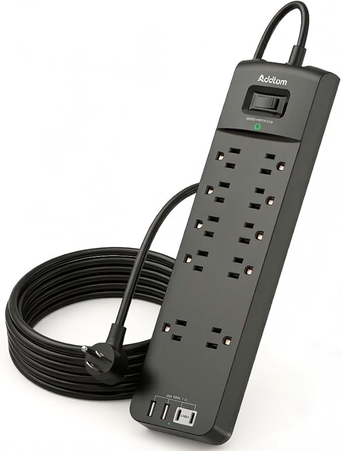 Addtam Power Strips with Surge Protection, 12FT Long Extension Cord with Multiple Outlets, Surge Protector Power Strip with 10 Outlets and 4 USB Ports(2 USB C), Flat Plug, 2700J, Black