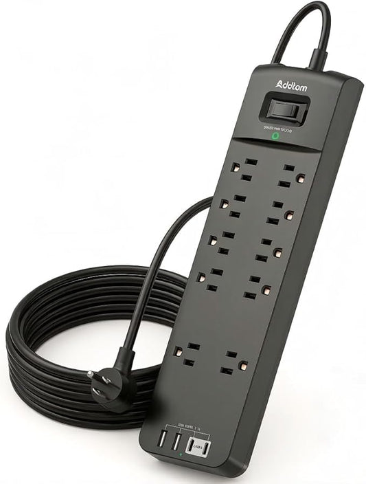 Addtam Power Strips with Surge Protection, 12FT Long Extension Cord with Multiple Outlets, Surge Protector Power Strip with 10 Outlets and 4 USB Ports(2 USB C), Flat Plug, 2700J, Black