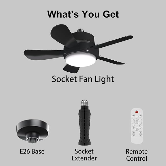 Ligency Smart Socket Fan Light with Remote, 16 inch Small Socket Ceiling Fan Light with RGBW, E26 Screw in Ceiling Light Bulb Fan, 1800Lm, Work with Alexa & Google Assistant for Garage Bedroom, Black