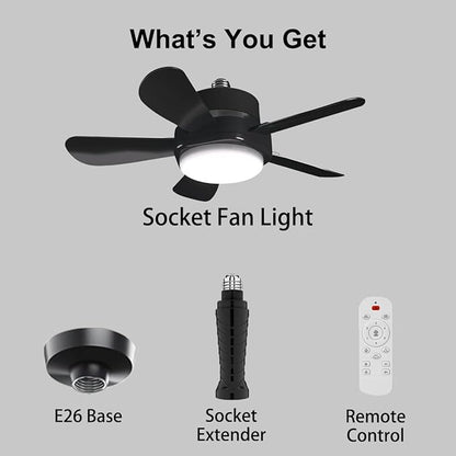 Ligency Smart Socket Fan Light with Remote, 16 inch Small Socket Ceiling Fan Light with RGBW, E26 Screw in Ceiling Light Bulb Fan, 1800Lm, Work with Alexa & Google Assistant for Garage Bedroom, Black