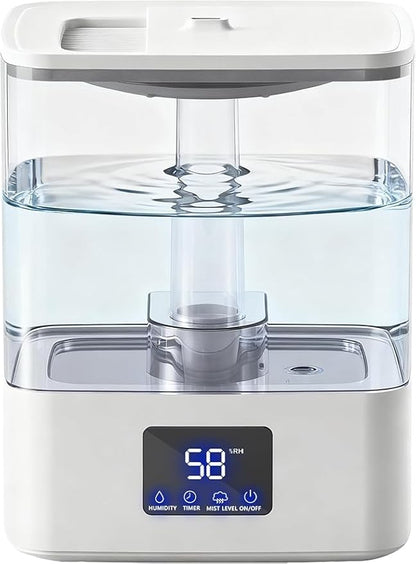 KZF 4L Top Fill Humidifiers for Bedroom & 60H Runtime - Cool Mist Humidifier, 3 Mist Levels, 8H Timer, Essential Oil Tray, Humidity Display, Quiet for Bedroom, Baby, Plants, Large Room (White, 4L)