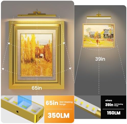 Lights for Pictures on Wall, 16in Battery Operated Picture Lights for Paintings, 5000mAh Wall Lights with Remote and 3 Light Modes,Art Light for Wall Painting,Frame, Portrait, Dartboard - Gold