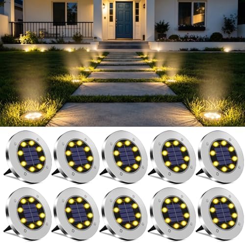 OULONGER 4.6inch Solar Ground Lights, Garden Solar Outdoor Waterproof Pathway Bright In-Ground Landscape Lights for Patio, Lawn, Yard, Driveway, Step and Walkway(Warm Light 10Packs)