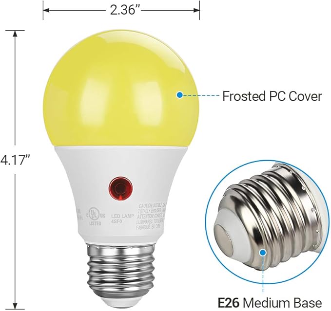 DEWENWILS A19 Dusk to Dawn LED Outdoor Light Bulb, Yellow Bug Light Bulbs for Outside, 2000K Amber Glow, 9W Equivalent 60W, E26 Base, LED Amber Light Bulbs for Porch, Patio, Backyard, 4 Pack UL Listed